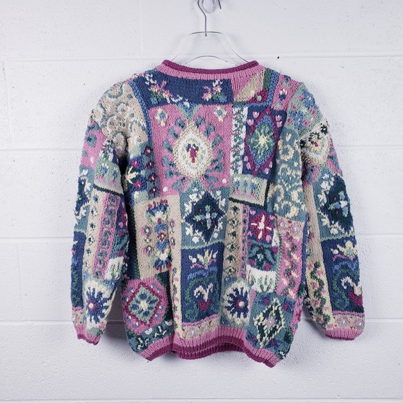 Signatures by Northern Isles Sweater Pink Blue Patchwork Floral Hand Knit Large - Picture 2 of 7